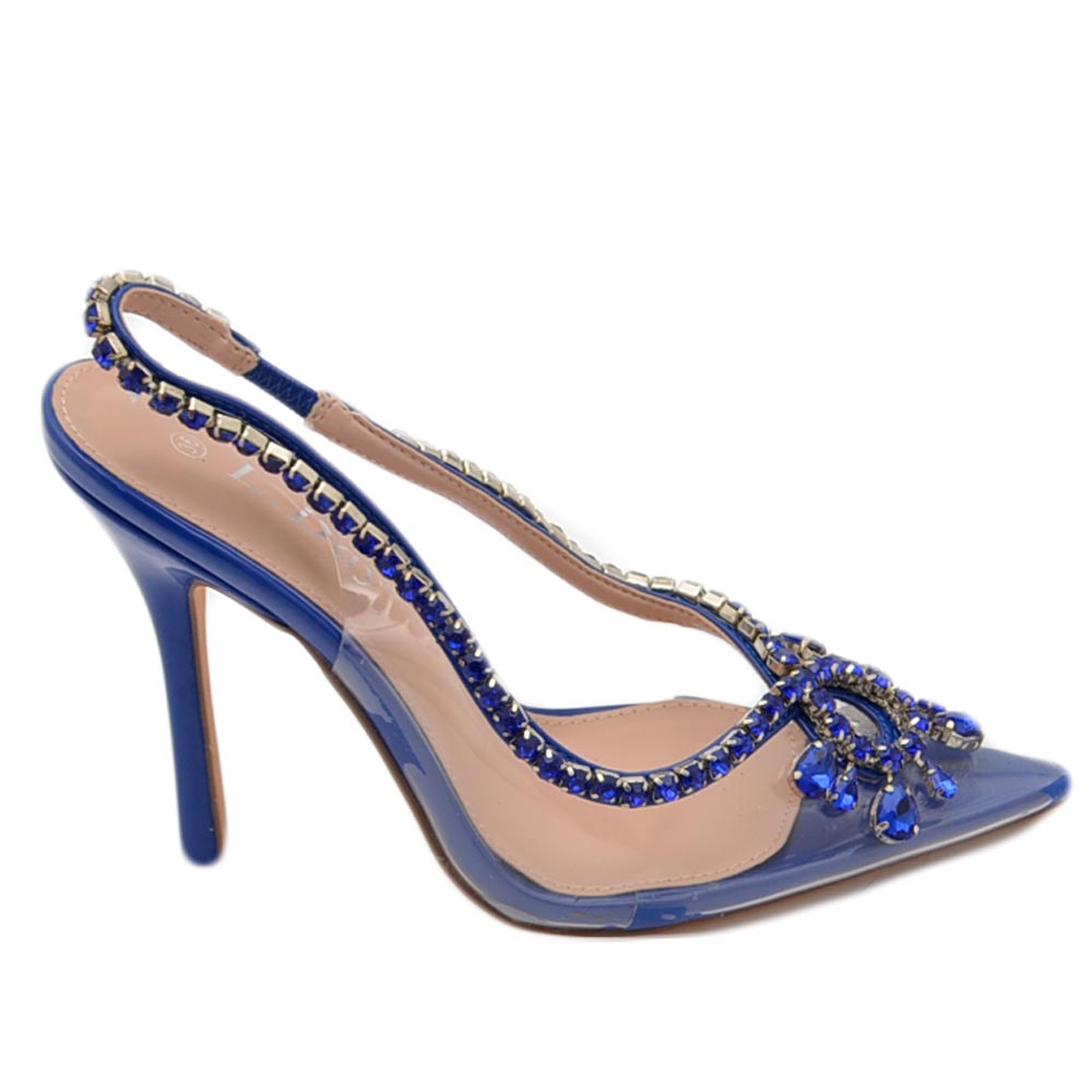 Scarpe decollete' donna completamente trasparenti con gioiello in punta e cinturino strass blu tacco a spillo 12 cm.