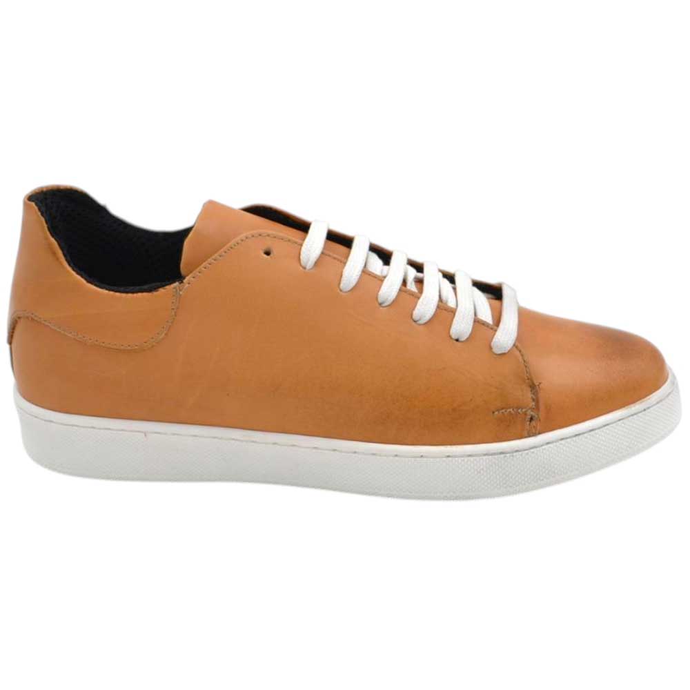 Sneakers uomo 971 bassa in vera pelle opaca cuoio classico sportivo fondo bianco gomma basic 2,5 cm.