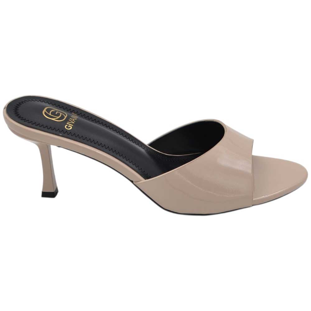 Sandalo tacco donna beige nude lucido con fascia larga avvolgente tacco sottile 7 cm open toe 