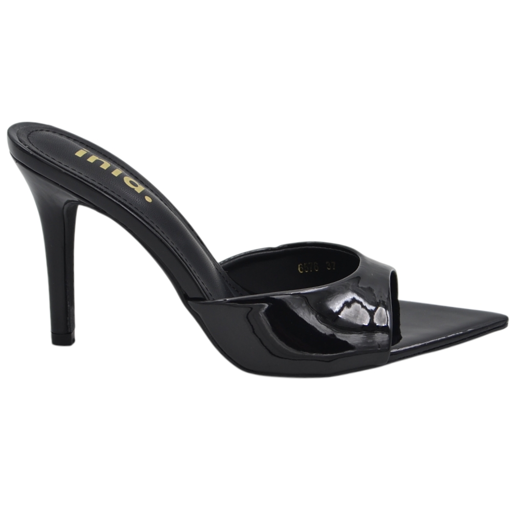 Sabot donna in pellame lucido Nero senza chiusura con punta e tacco stiletto 11 cm.