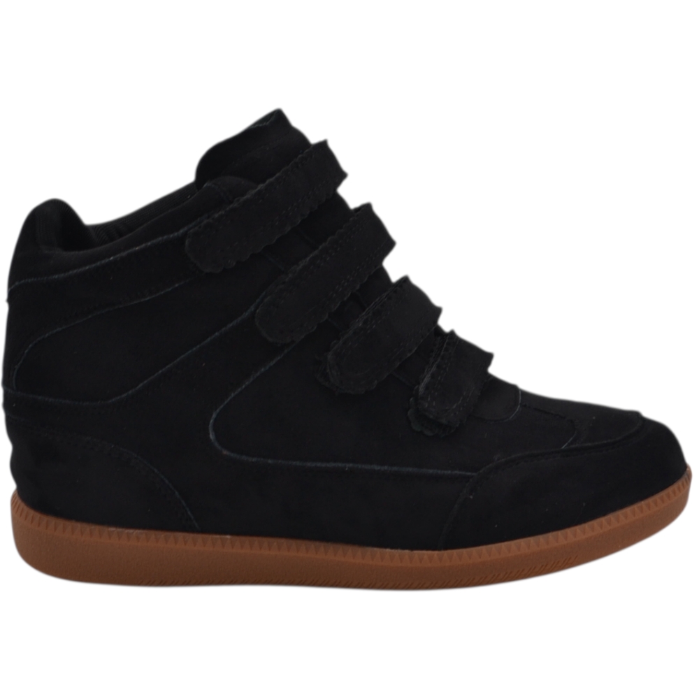 Sneaker alta donna in camoscio nero con zeppa interna 4 cm chiusura con strappo e suola a contrasto.