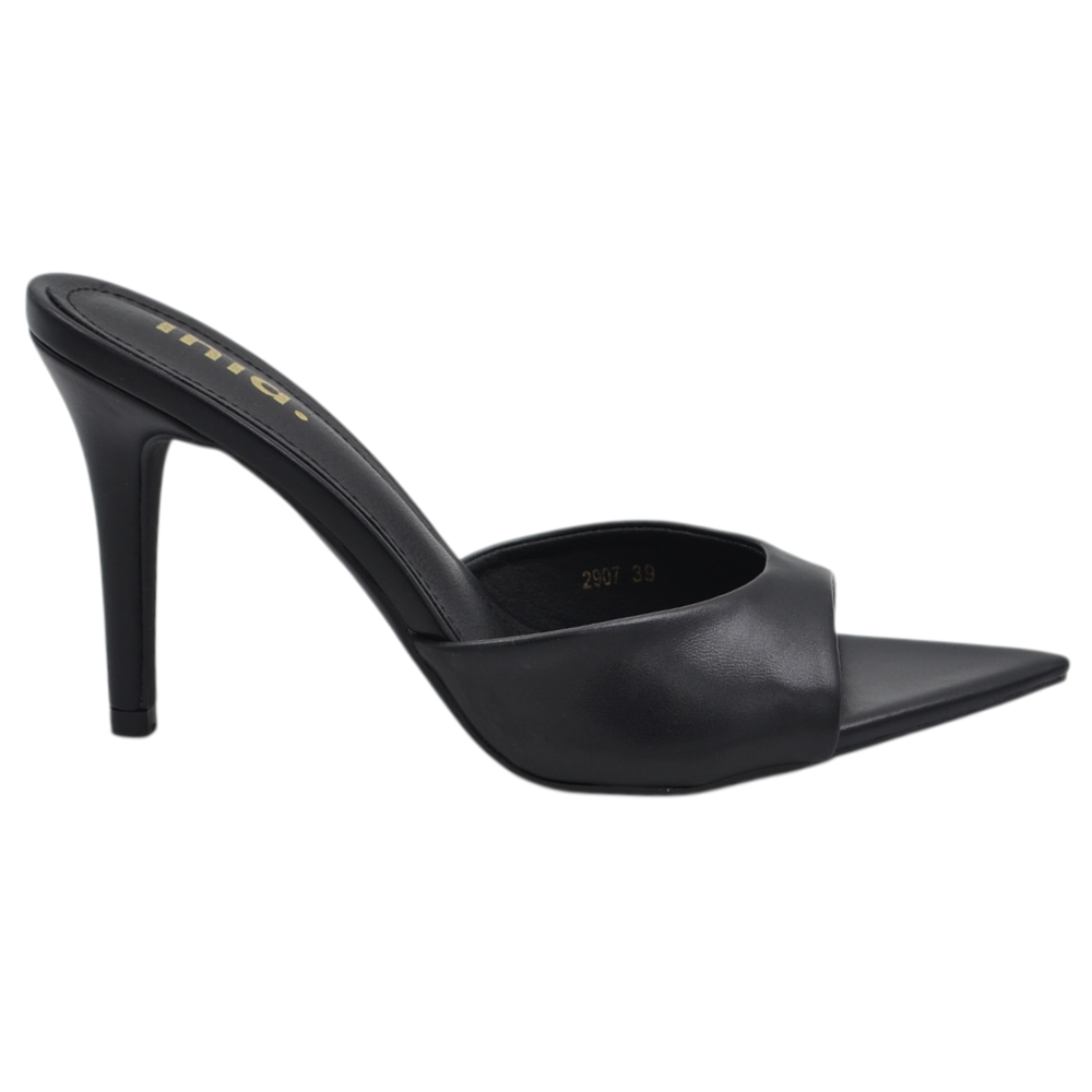 Sabot donna in pellame opaco nero senza chiusura con punta e tacco stiletto 11 cm.