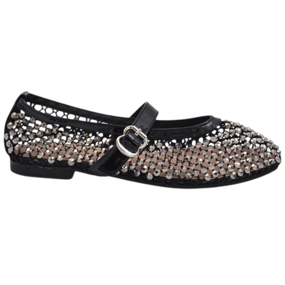 Ballerina Mary Jane donna nera in rete traforata con strass applicati e cinturino regolabile.