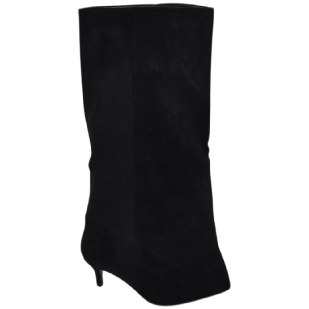 Stivale donna in camoscio nero con gambale tubolare largo overwide punta e tacco kitten stiletto 4 cm.