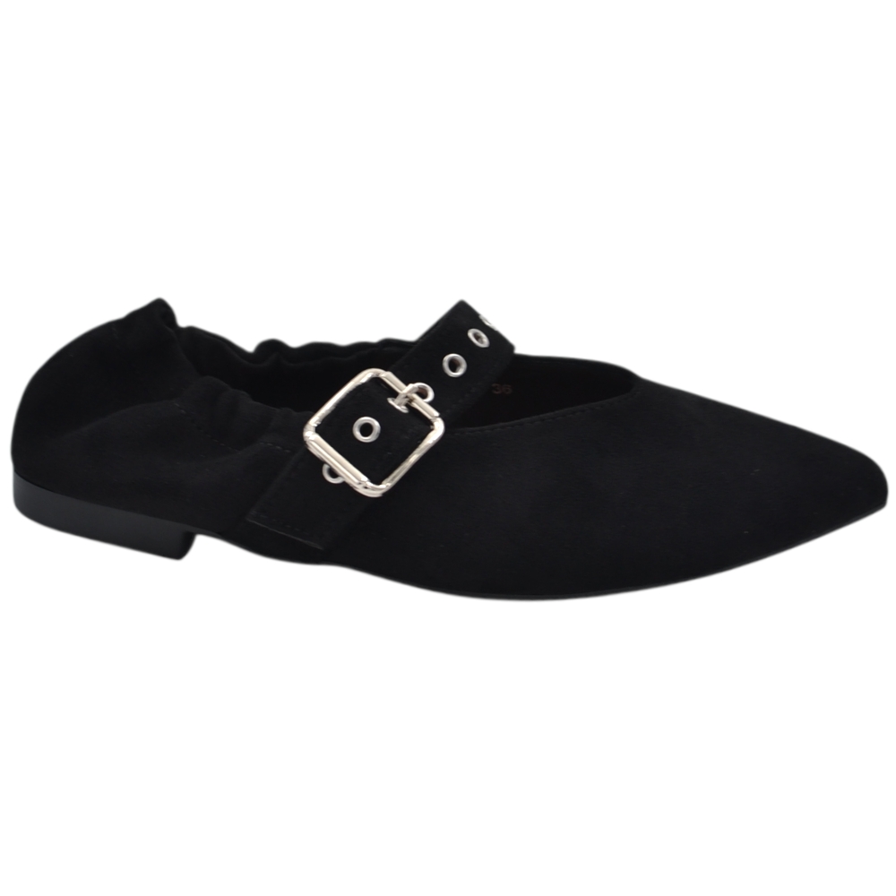Ballerina Mary Jane donna in camoscio nero con punta affusolata cinturino con fibbia e profilo elasticizzato.