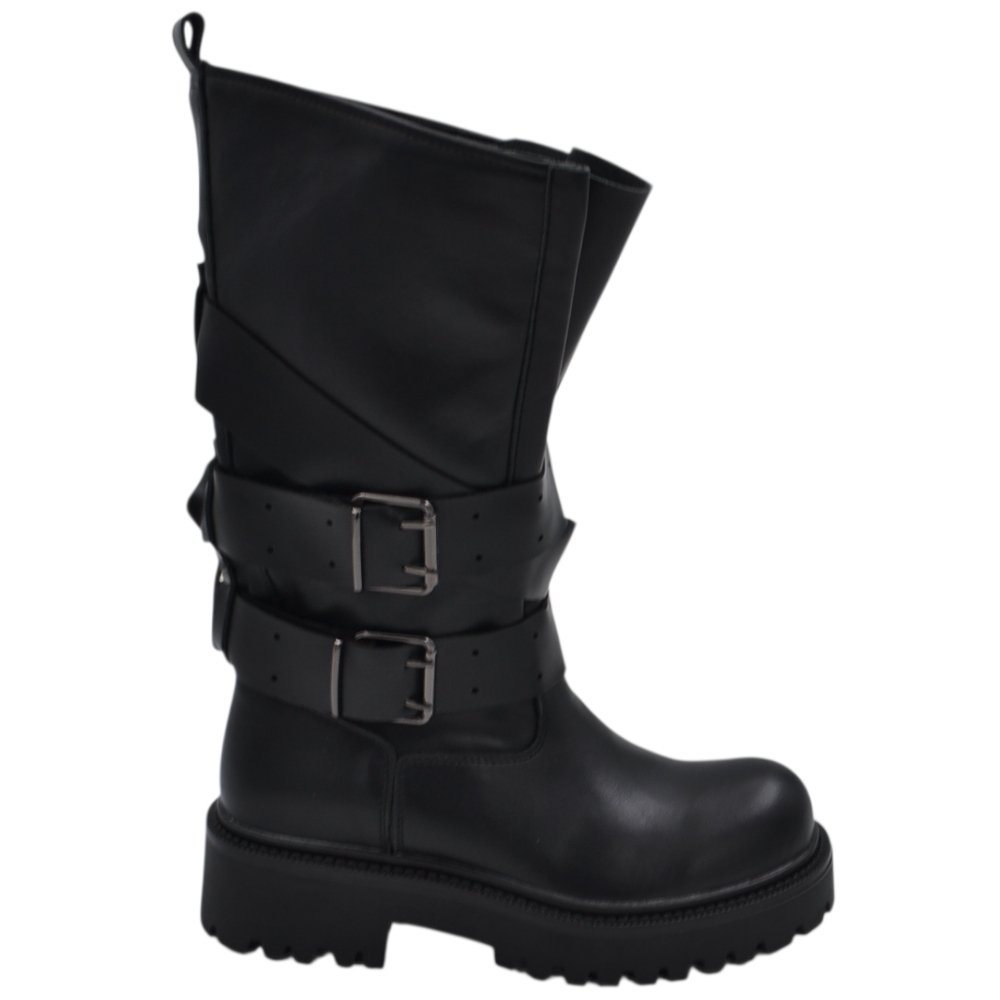 Stivale biker donna nero con gambale curvy regolabile e doppia fibbia con suola platform 4 cm.