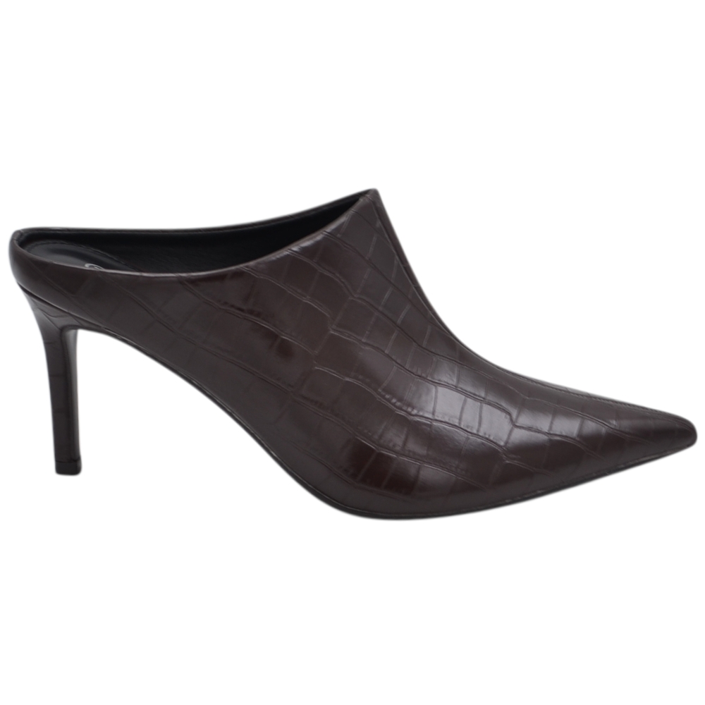 Sabot donna marrone stampa cocco senza chiusura con punta affusolata e tacco stiletto 9 cm.