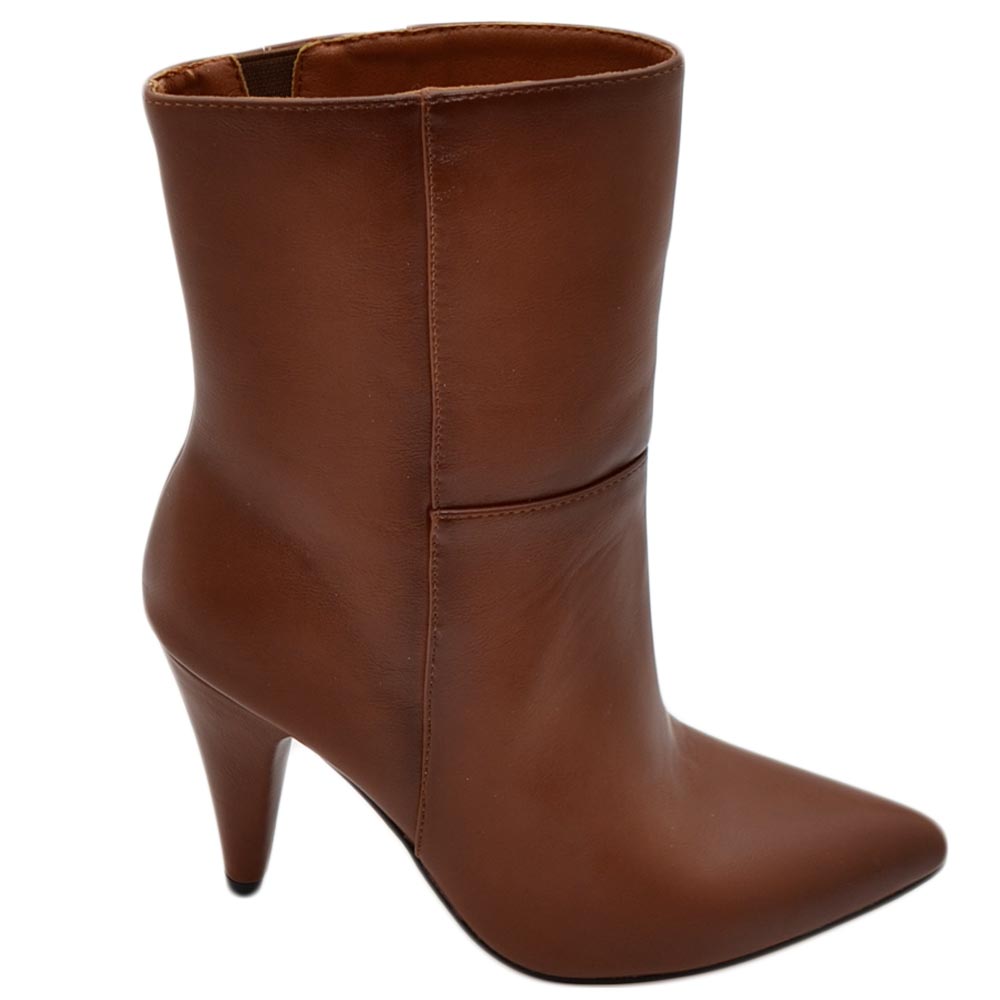 Tronchetto stivaletto cuoio a punta donna con tacco comodo 6 cm laterale e zip alla caviglia