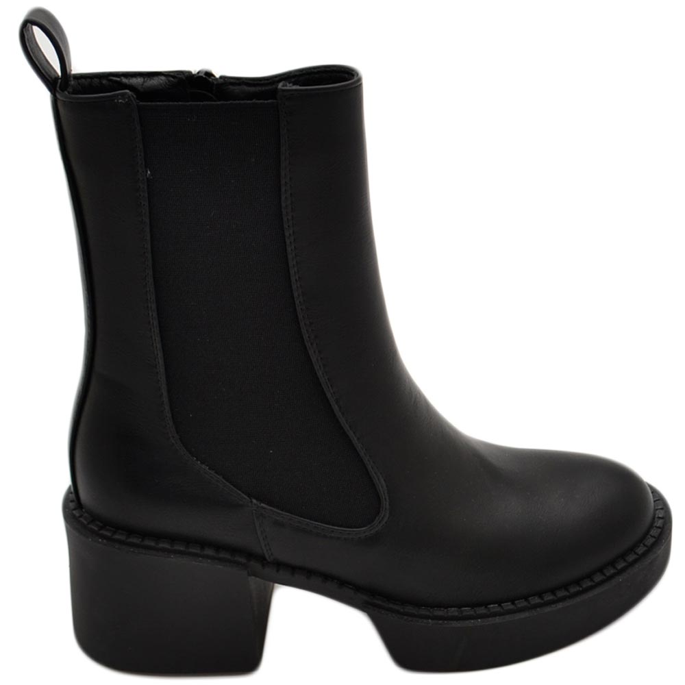 Stivale basso donna platform chelsea boots nero con fondo alto zip elastico laterale tinta moda tendenza comodo.
