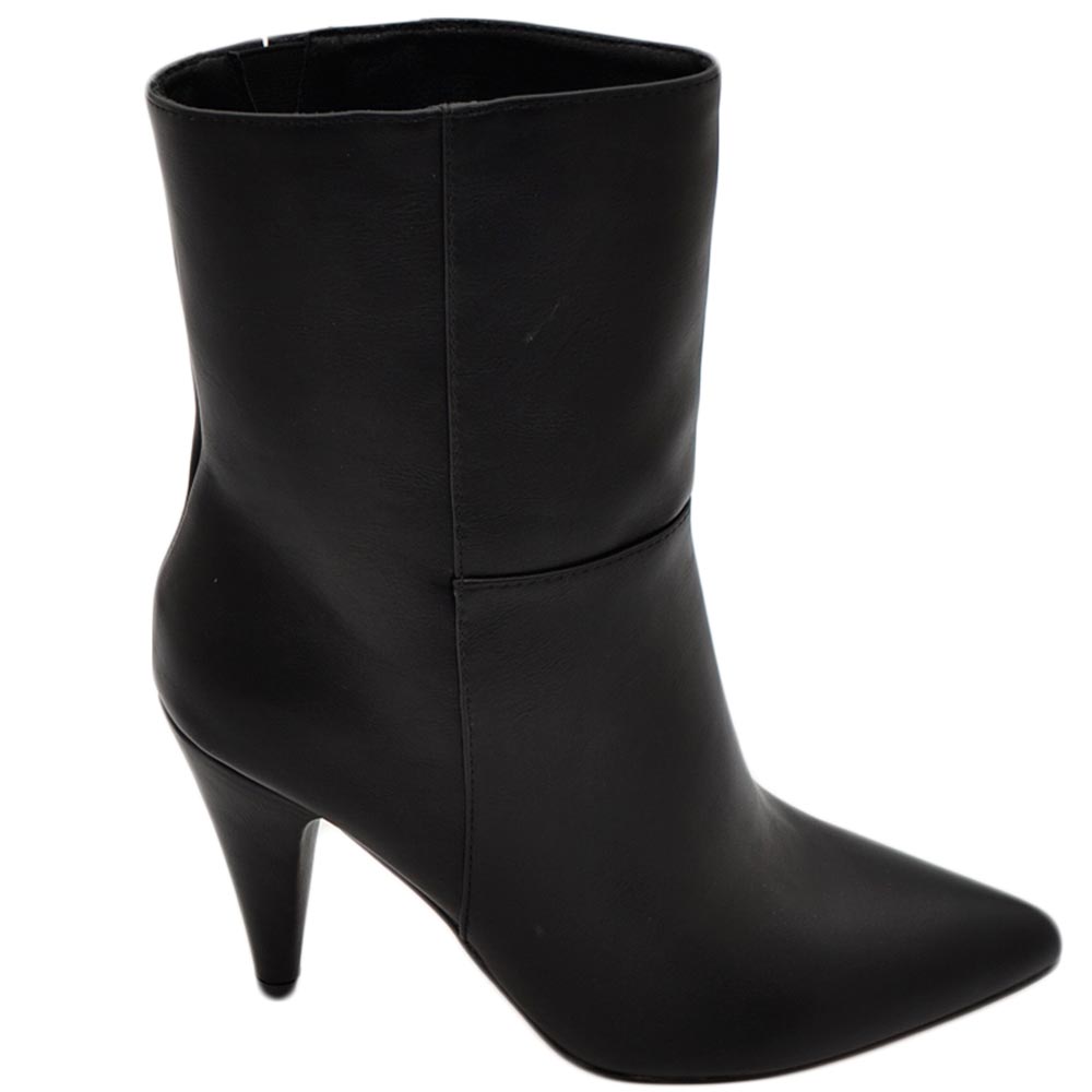 Tronchetto stivaletto nero lucido a punta donna con tacco comodo 6 cm laterale e zip alla caviglia