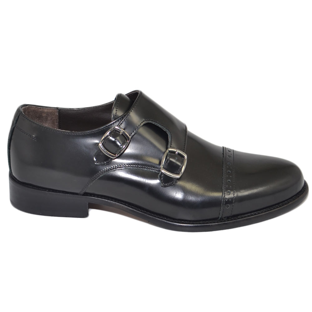 Scarpe uomo francesina nera pelle lucida fondo cuoio antiscivolo nero doppia fibbia genuine leather.