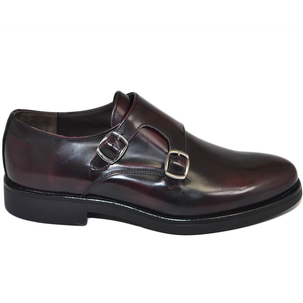 Scarpe uomo doppia fibbia eleganti in vera pelle abrasivata bordeaux suola gomma sottile antiscivolo handmade in italy