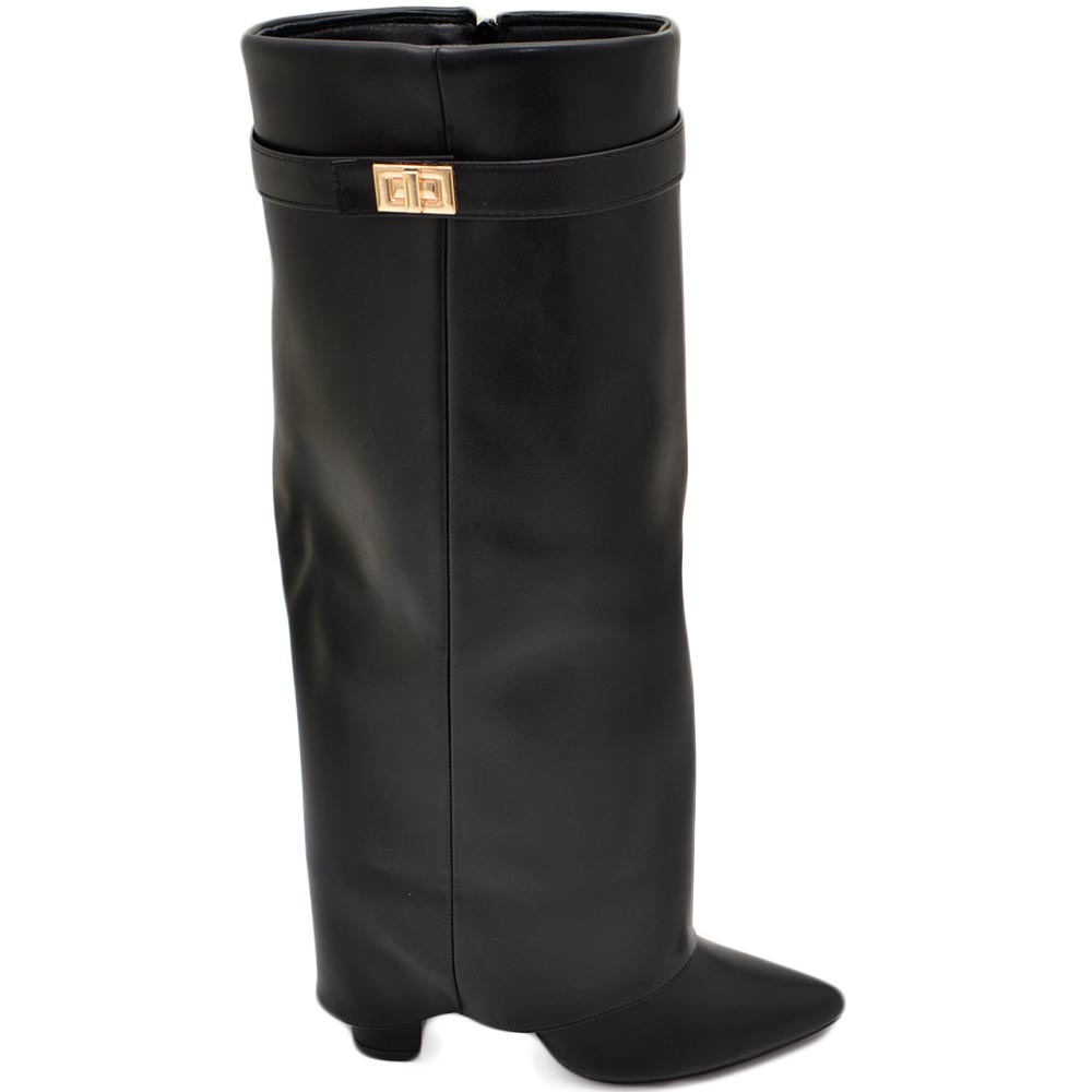 Stivali donna alti neri pelle al ginocchio a punta con risvolto para fino a terra tacco doppio 10cm 