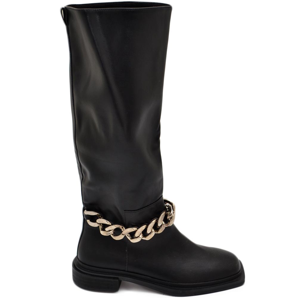 Stivali donna a punta quadrata nero gambale morbido  al ginocchio tacco quadrato basso 3 cm con catena argento con zip