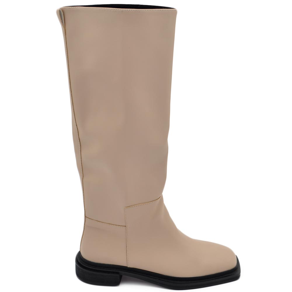 Stivali donna a punta quadrata beige gambale morbido al ginocchio tacco quadrato basso 3 cm moda con zip.