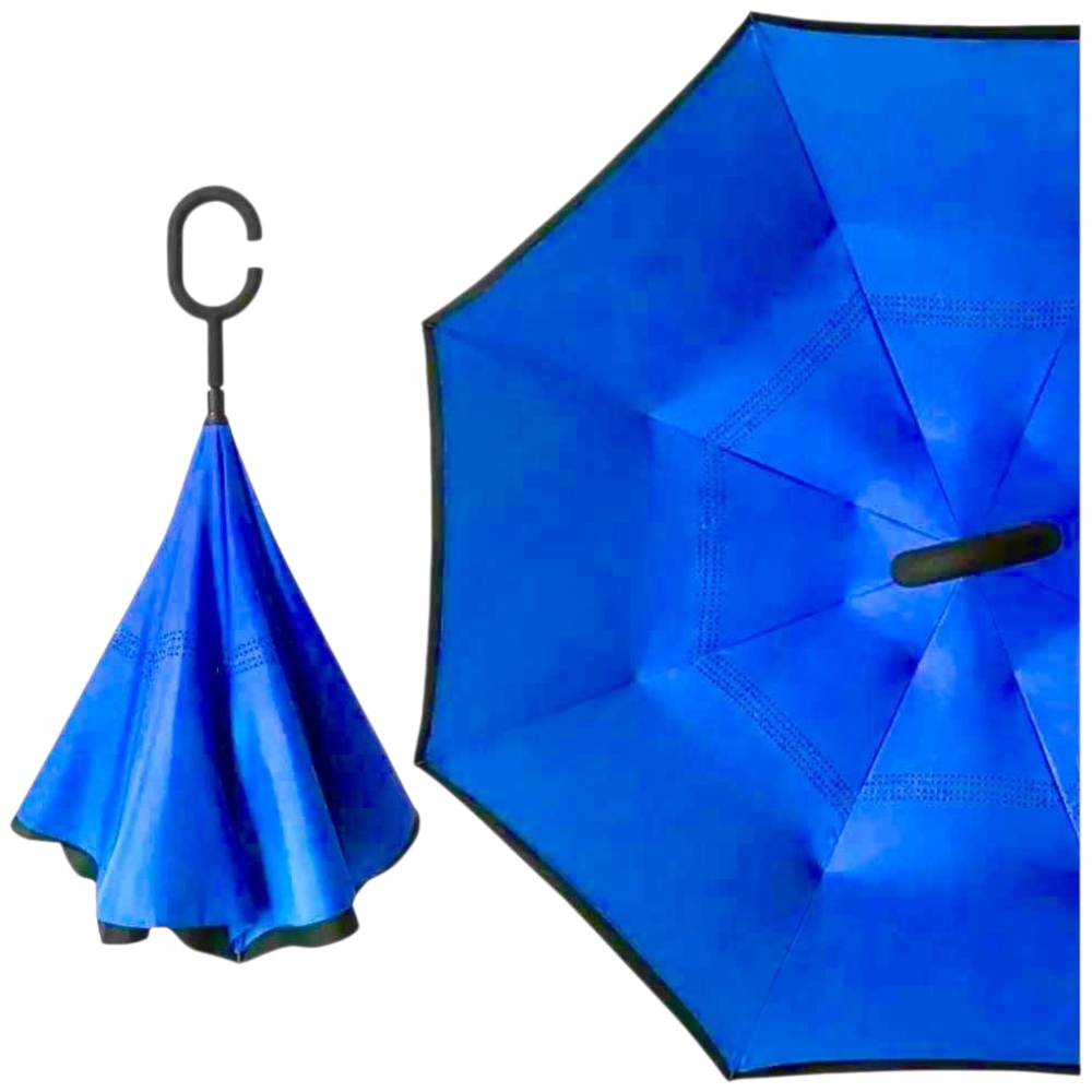 Ombrello blu elettrico invertito doppio strato antivento con Manico a Forma di C Ribaltabile Inverso Anti UV.