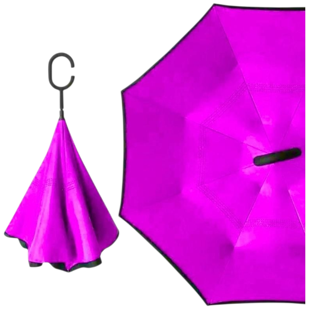 Ombrello fucsia invertito doppio strato antivento con manico a forma di c ribaltabile inverso anti uv	