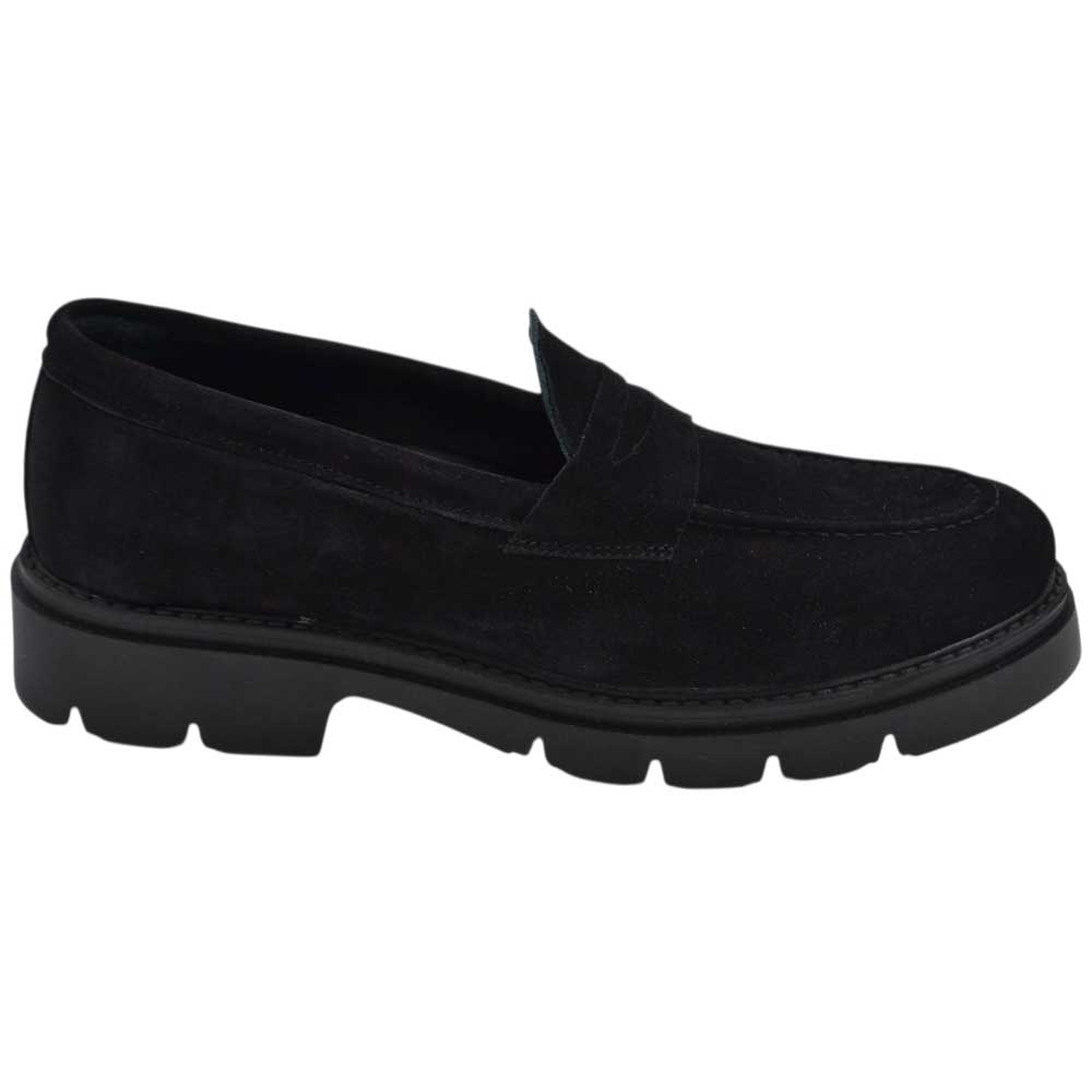 Scarpe uomo mocassino con bendina nero in vera pelle scamosciata business fondo gomma roccia alto