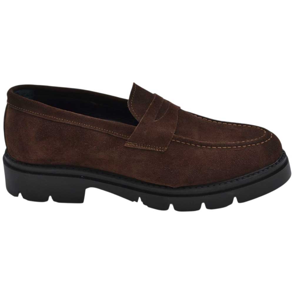 Scarpe uomo mocassino con bendina marrone in vera pelle scamosciata business fondo gomma roccia alto
