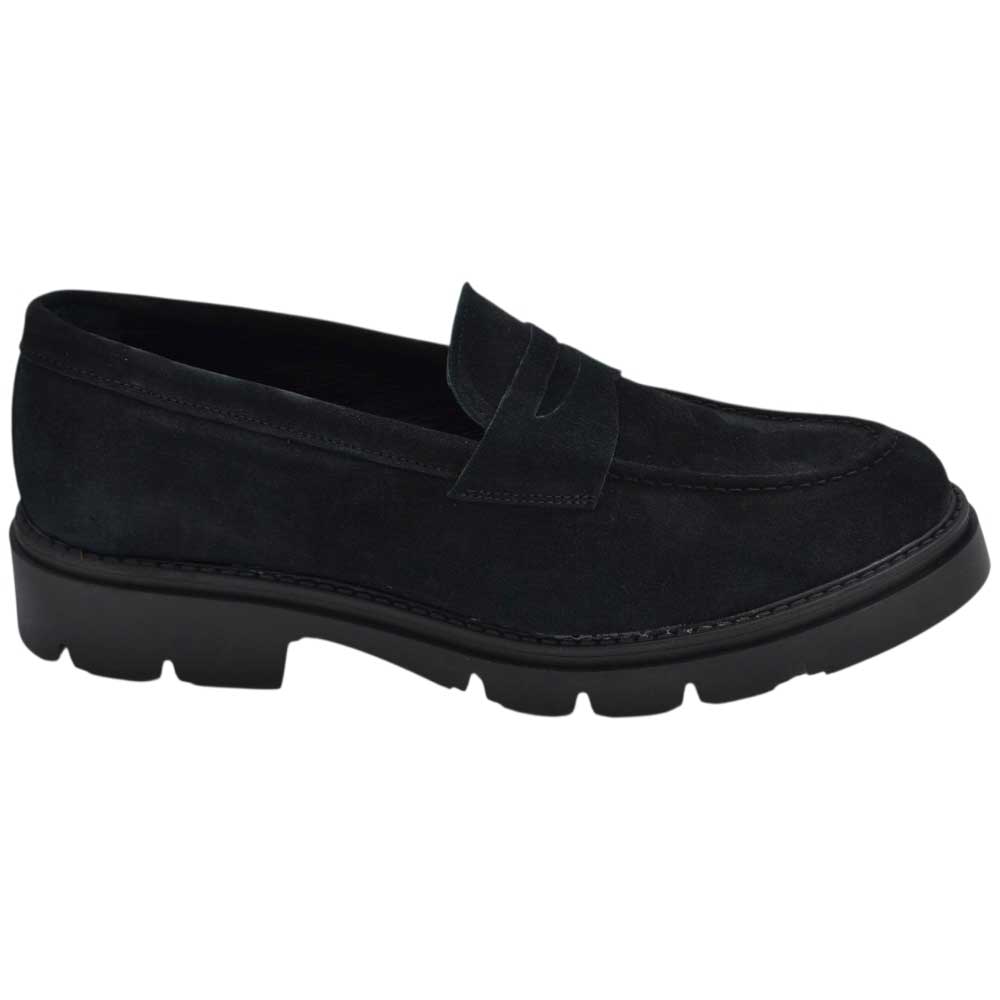 Scarpe uomo mocassino con bendina blu in vera pelle scamosciata business fondo gomma roccia alto.