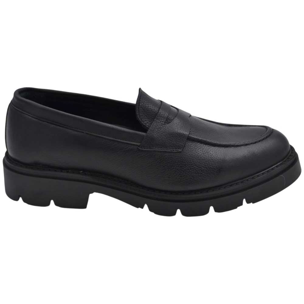 Scarpe uomo mocassino con bendina nero spazzolato in vera pelle di nappa business fondo gomma roccia alto