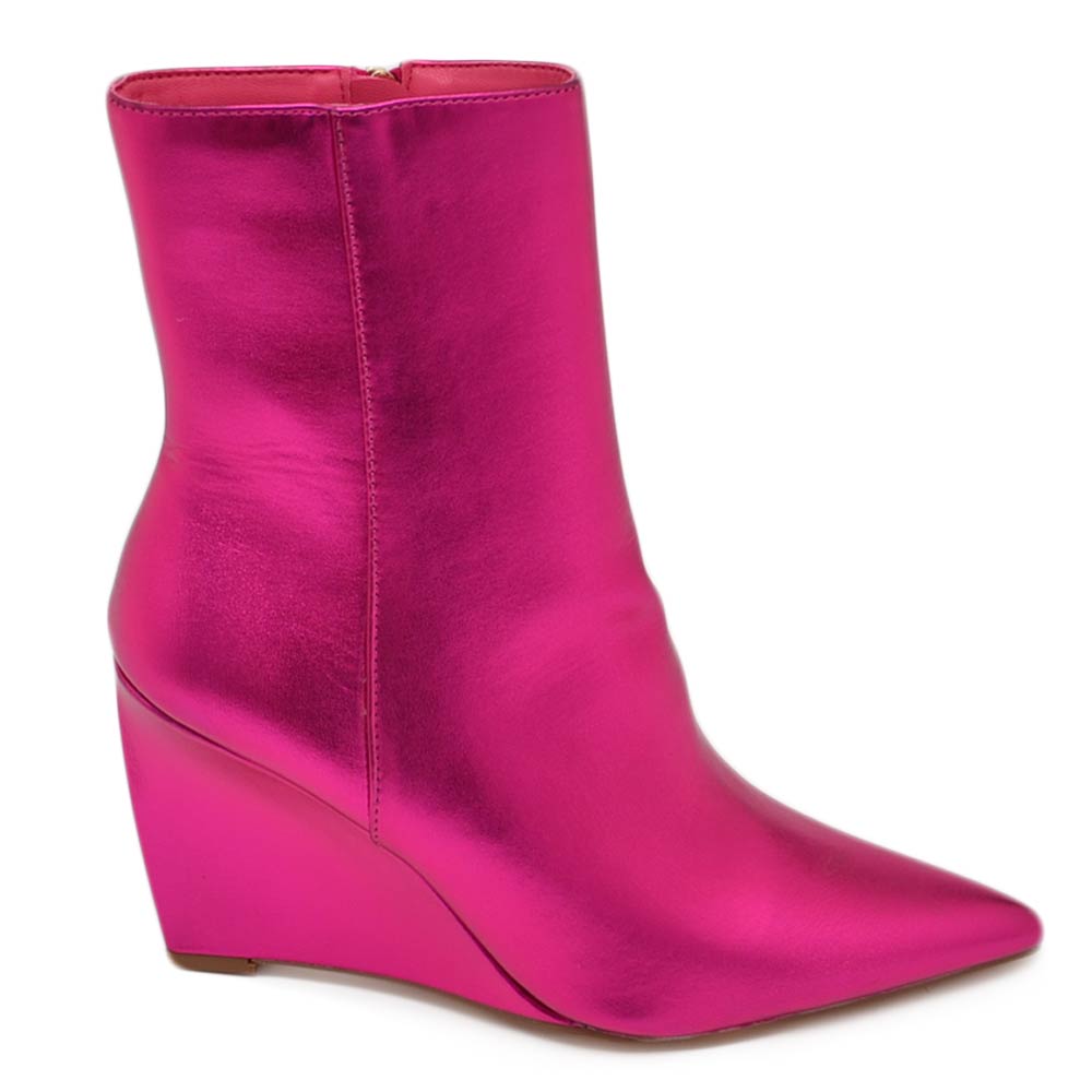 Tronchetto stivaletto fucsia donna ecopelle effetto calzino con tacco a zeppa 10 cm aderente con zip a punta