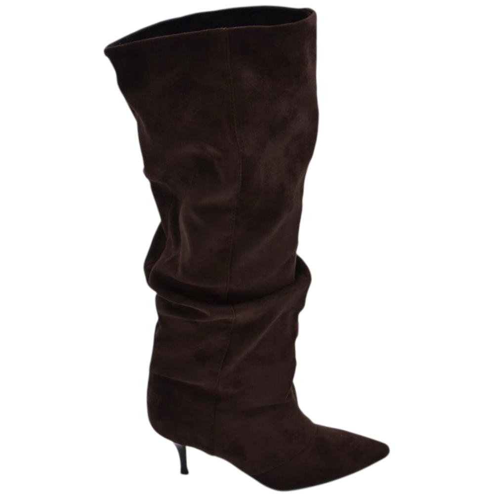 Stivale alto slouchy camoscio marrone donna linea Basic con tacco a spillo kitten 5 cm gambale over a punta zip
