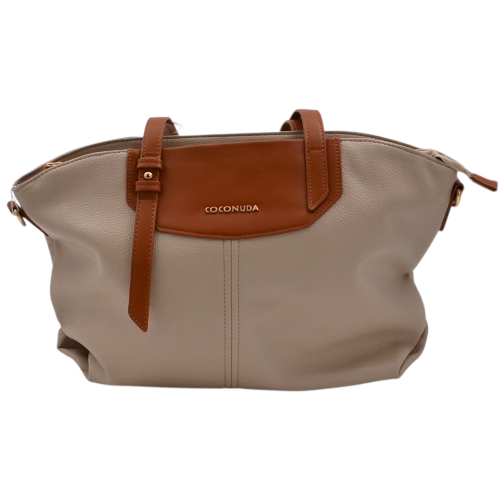 Borsa firmata shopping coconuda donna morbida a spalla con tracolla beige e cuoio con zip dorata.