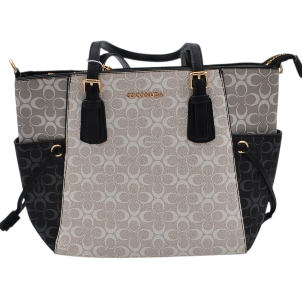 Borsa donna firmata coconuda con manico e tracolla trapezio con tasche e zip grigia nera e beige monogramma.