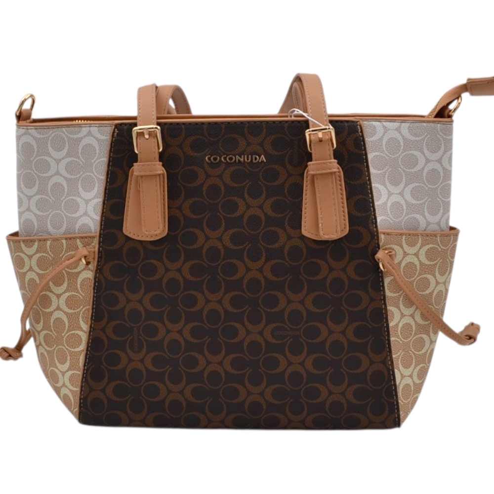 Borsa donna firmata Coconuda con manico e tracolla trapezio con tasche e zip marrone bianco e beige monogramma