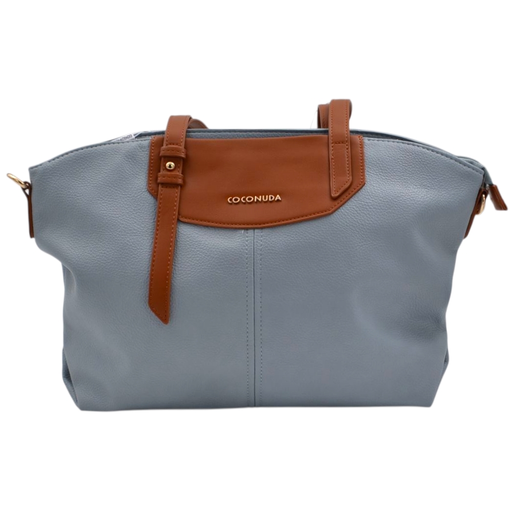 Borsa firmata shopping coconuda donna morbida a spalla con tracolla azzurro denim e cuoio con zip dorata.