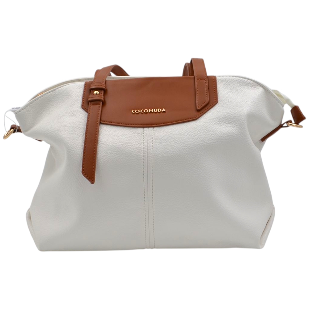 Borsa firmata shopping coconuda donna morbida a spalla con tracolla bianco e cuoio con zip dorata