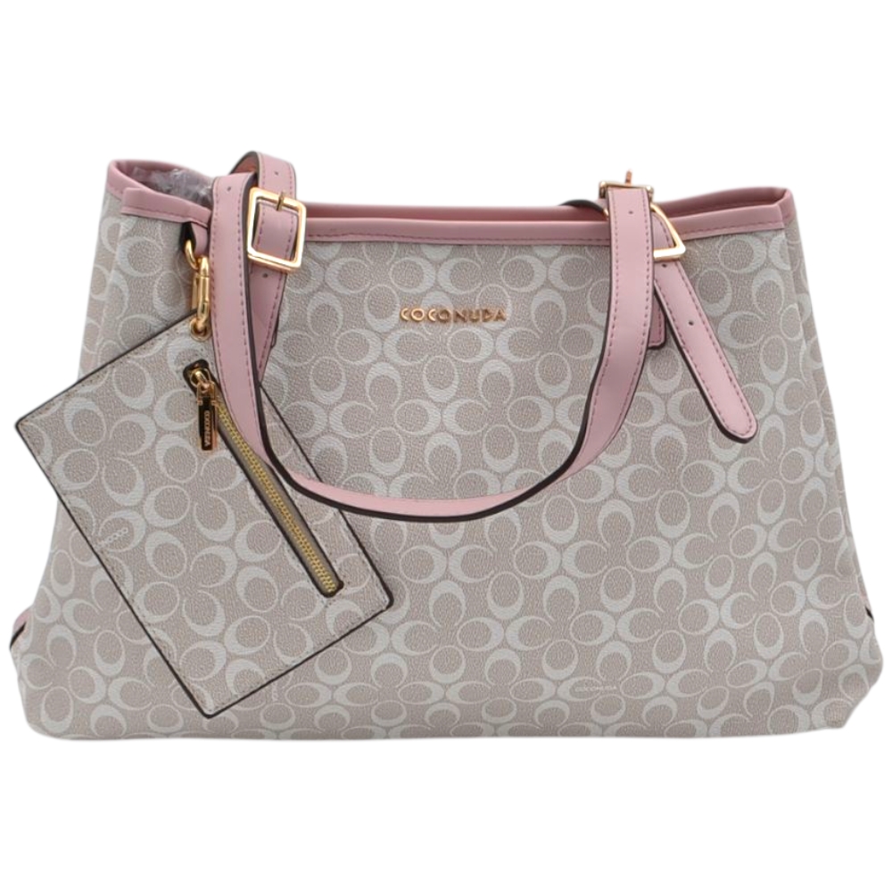 Borsa firmata Coconuda con manici regolabili tracolla e borsello fantasia monogramma beige e rosa zip dorata