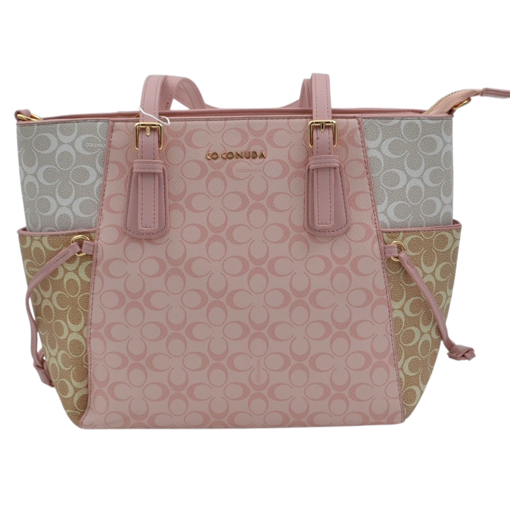Borsa donna firmata Coconuda con manico e tracolla trapezio con tasche e zip beige rosa e grigio monogramma.