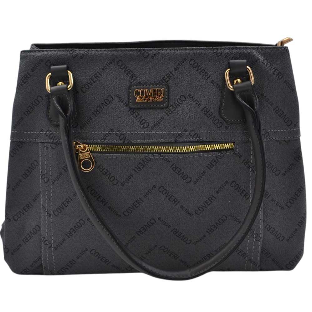 Borsa a spalla da donna firmata Coveri Active trapezio grigia con tracolla stampa monogramma zip dorate.