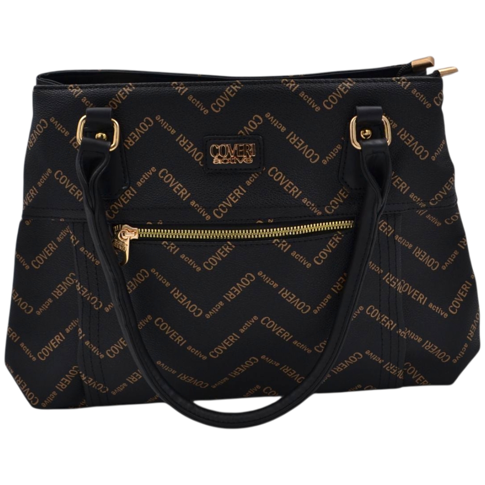 Borsa a spalla da donna firmata Coveri Active trapezio nera con tracolla stampa monogramma zip dorate.