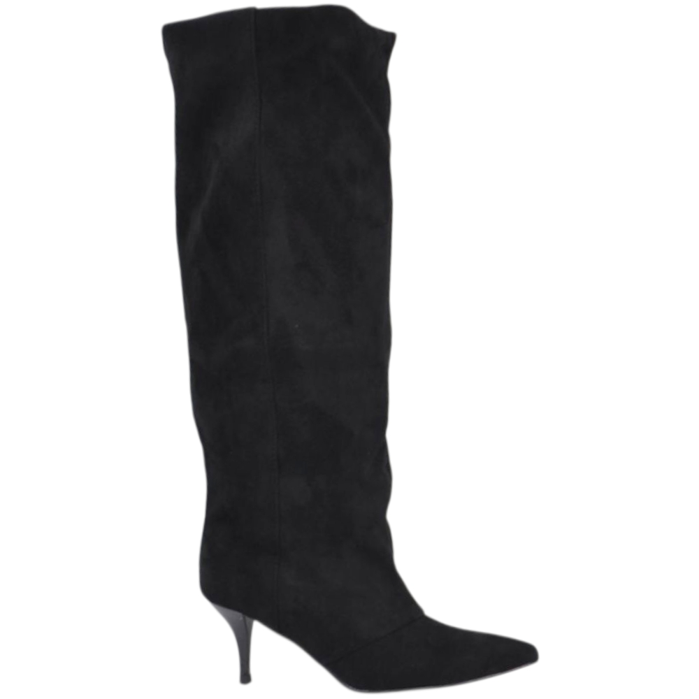 Stivale alto slouchy camoscio nero donna linea Basic con tacco a spillo kitten 5 cm gambale over a punta zip