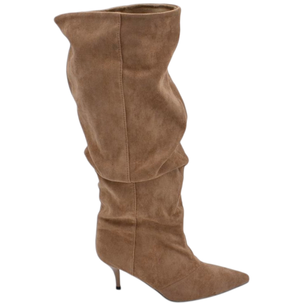 Stivale alto slouchy camoscio beige donna linea Basic con tacco a spillo kitten 5 cm gambale over a punta zip