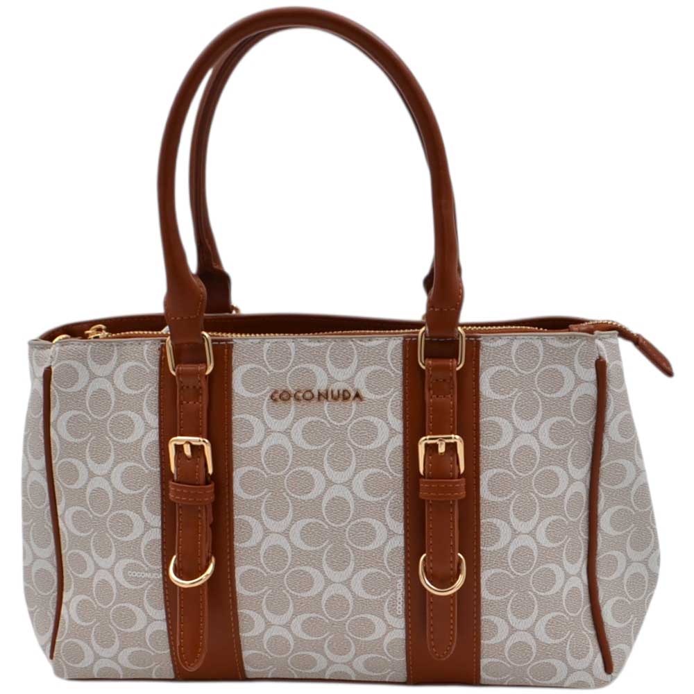 Borsa firmata shopping Coconuda donna a spalla con tracolla fantasia logo bianca e cuoio zip dorata