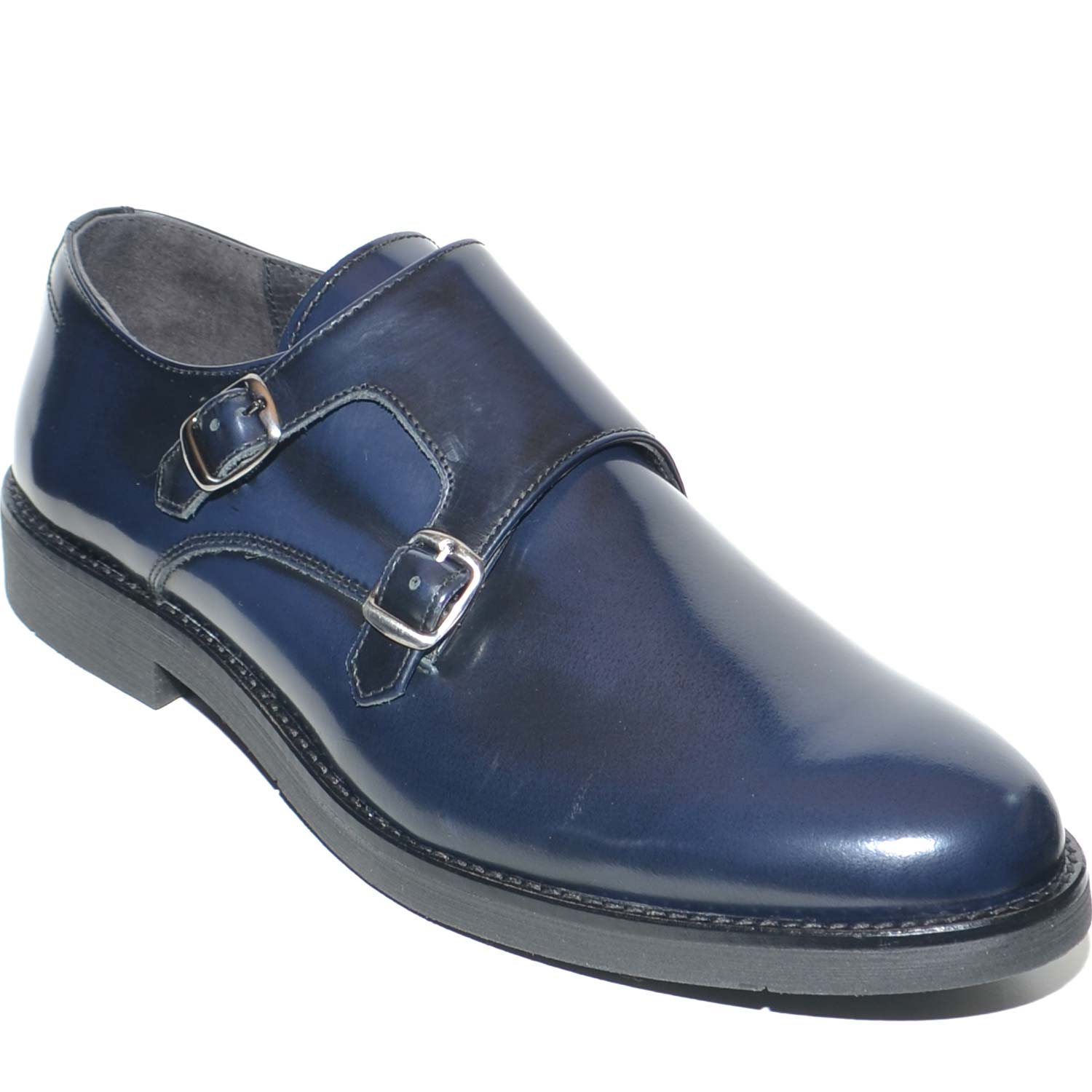 Doppia fibbia uomo pelle lucida blu scuro | DIS