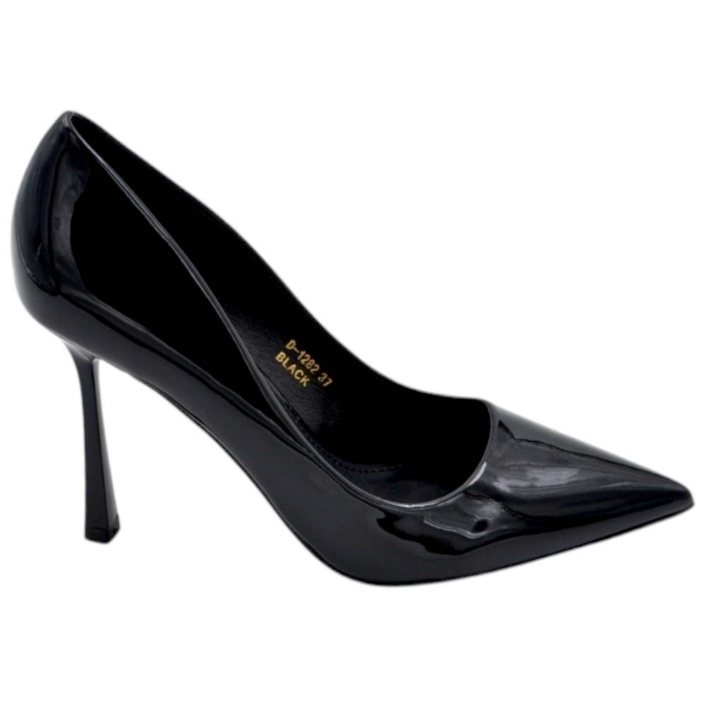 Decolette donna in pelle vernice lucida nera punta tacco clessidra 10 cm linea basic.