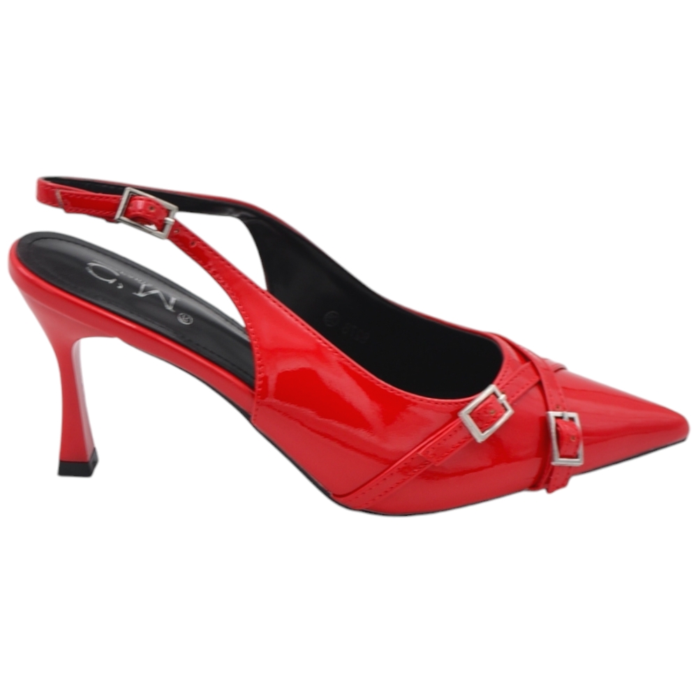 Decolette' donna in pelle lucida rossa punta tacco clessidra 8 cm cinturino regolabile tallone con fibbie e cinturini	