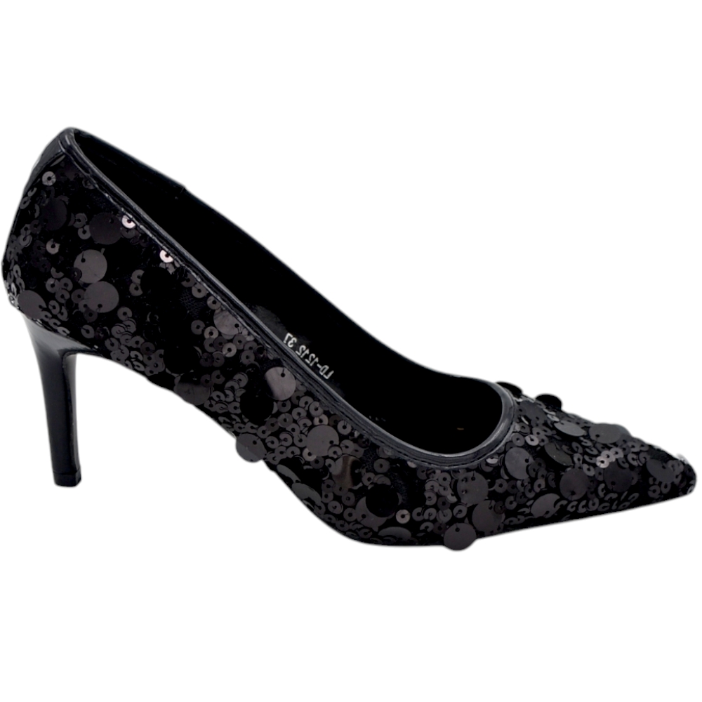 Decollete' donna a punta con paiettes nero tacco sottile 8 cm linea basic elegante scarpe cerimonie eventi