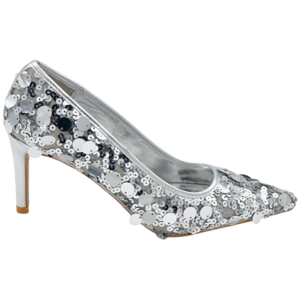 Decollete' donna a punta con paiettes argento tacco sottile 8 cm linea basic elegante scarpe cerimonie eventi