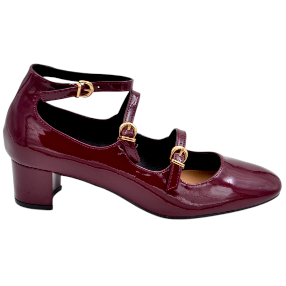 Scarpa decollete' donna punta quadrata con tacco largo 5 cm fibbie oro e cinturini regolabili vernice bordeaux lucido