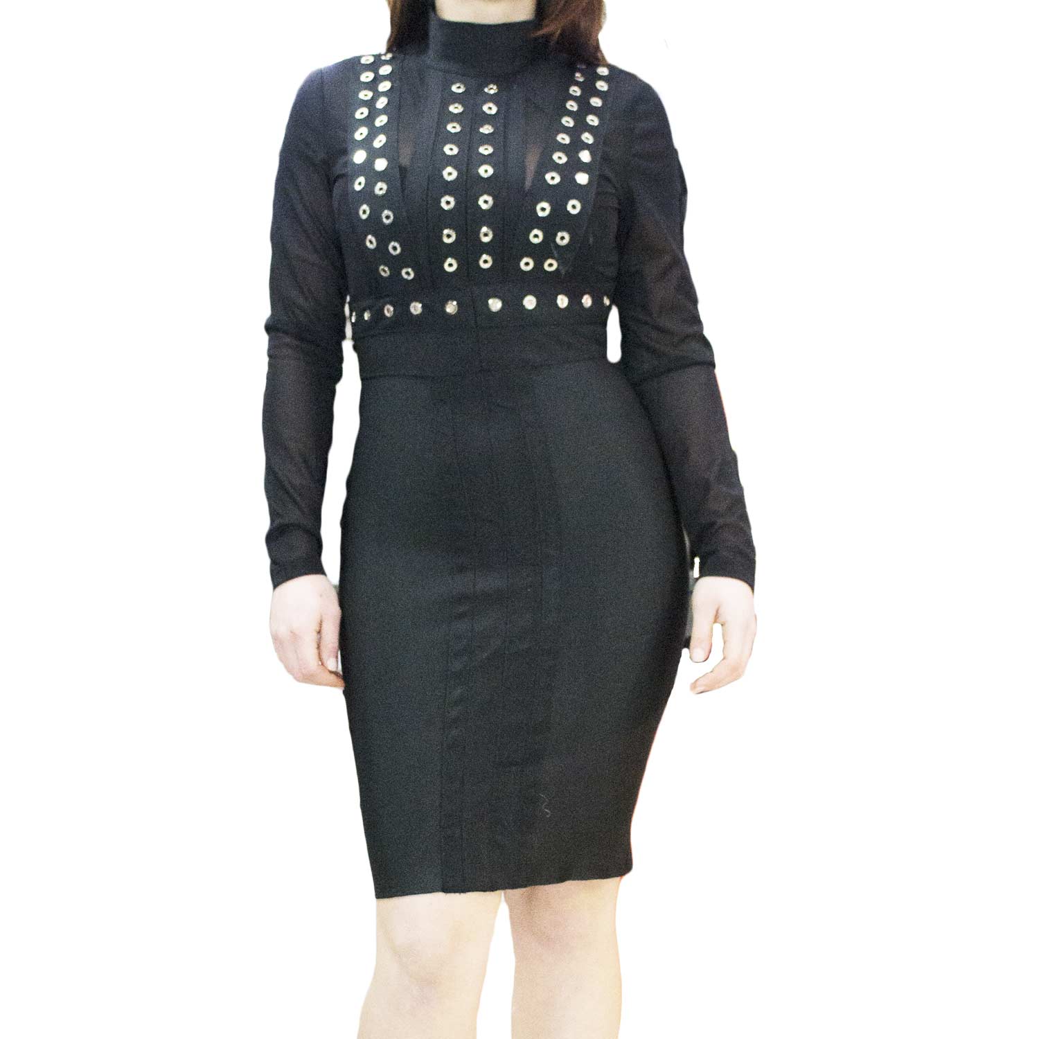 Abito tubino donna aderente in elastene con trasparenza e borchie slim fit lungoutte.