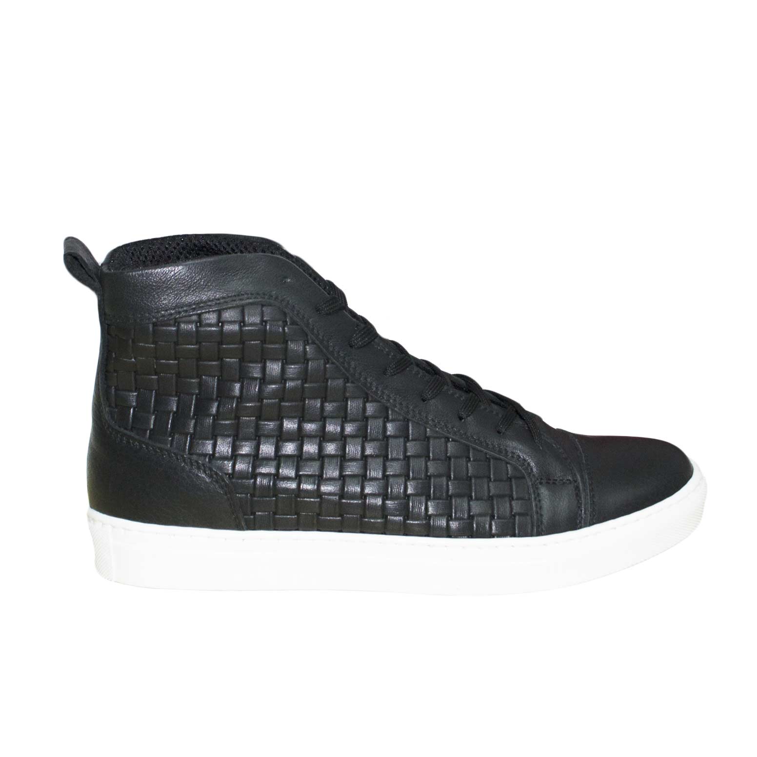 Sneakers Alta nera in pelle inrecciata con fondo anatomico bianco lacci nero moda