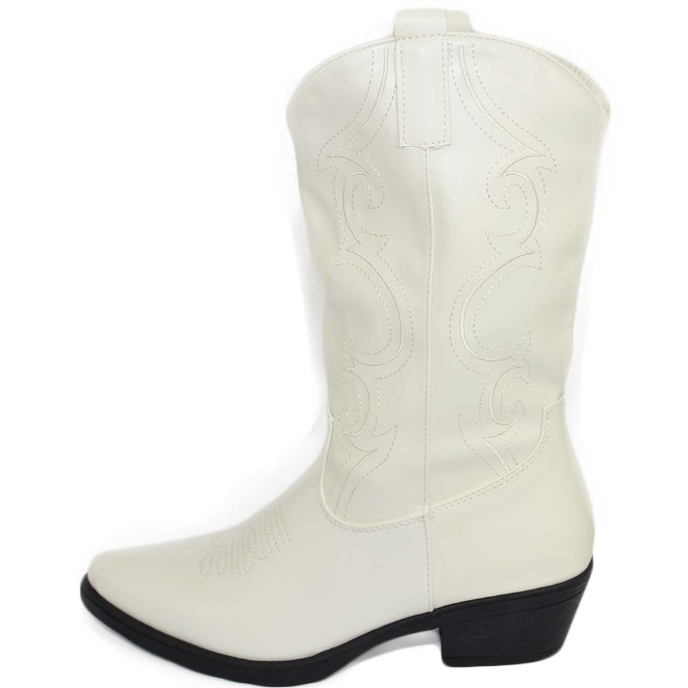 Stivali donna camperos texani bianchi stile western con fantasia laser su pelle tinta unita altezza polpaccio