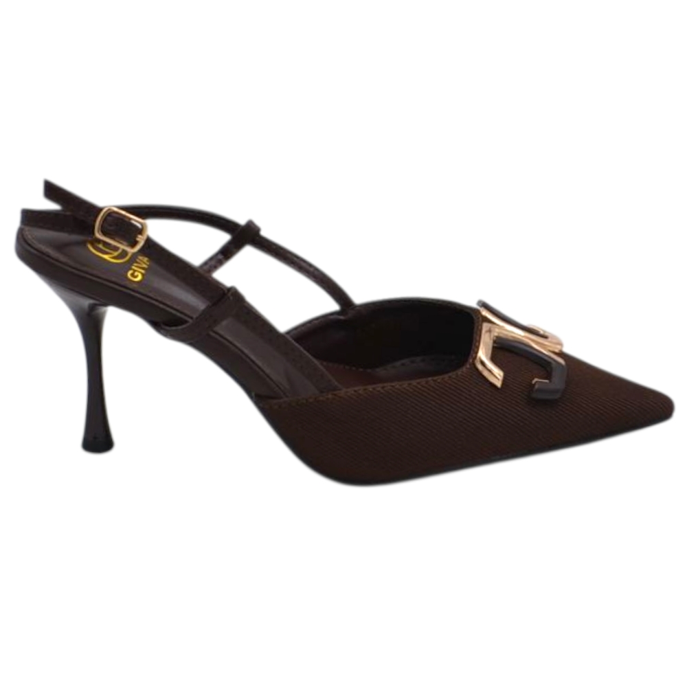 Decollete slingback donna in tessuto marrone a punta con dettaglio metallico oro e tacco sottile 7 cm chiusura caviglia