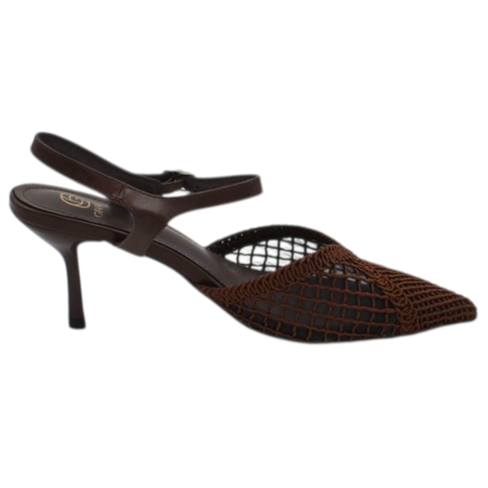 Decollete donna a punta slingback marrone in tessuto intrecciato tacco sottile 5cm e cinturino regolabile alla caviglia.